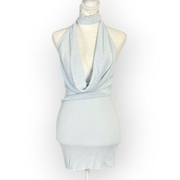 Aya Muse Tipo Mini Dress Women's XS Light Blue Cowl Neck Open Back Halter  $650